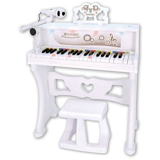 Upright electronic piano with microphone, legs and stool