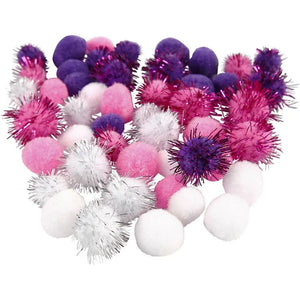 Pompoms - purple, light red, white - 48 Pack