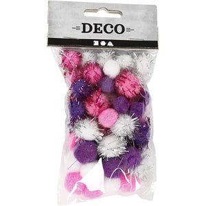 Pompoms - purple, light red, white - 48 Pack