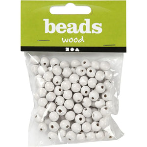 Wooden Beads, white, D: 8 mm, hole size 2 mm, 15 g