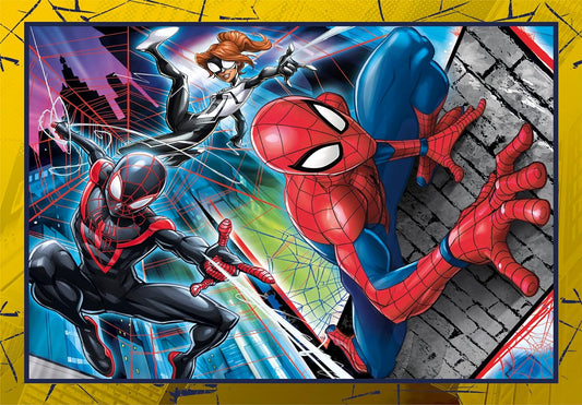 Spider-Man and his spider-like duplicates in action against a colorful urban background