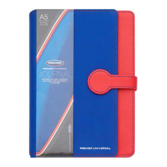 Premier Universal A5 Ruled Journal with Card Flap and Round Magnetic Closure - 256 Pages - Blue & Red