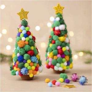 Colorful pom-pom Christmas trees with stars on a blurred background