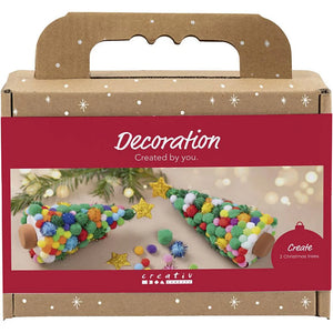 Boxed set for creating Christmas tree decorations with colorful pom-pom trees and stars.
