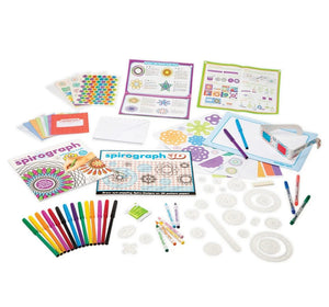 Spirograph drawing kit with tools and templates on a white background
