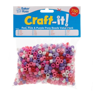 Red, Pink & Purple Pony Beads Value Pack (Pack of 750)