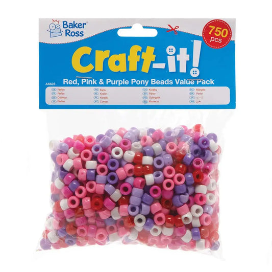 Red, Pink & Purple Pony Beads Value Pack (Pack of 750)
