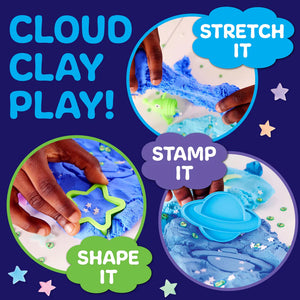 Promotional image for cloud clay play with text and images of hands interacting with blue clay.