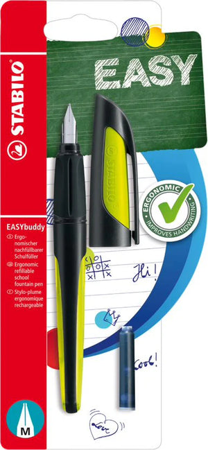 Stabilo Ergonomic EASYbuddy M Nib Fountain Pen - Black/Lime(Blue Ink Cartridge)