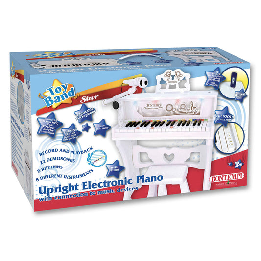 Upright electronic piano with microphone, legs and stool