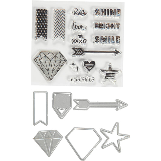 Clear stamps, embossing and cutting dies