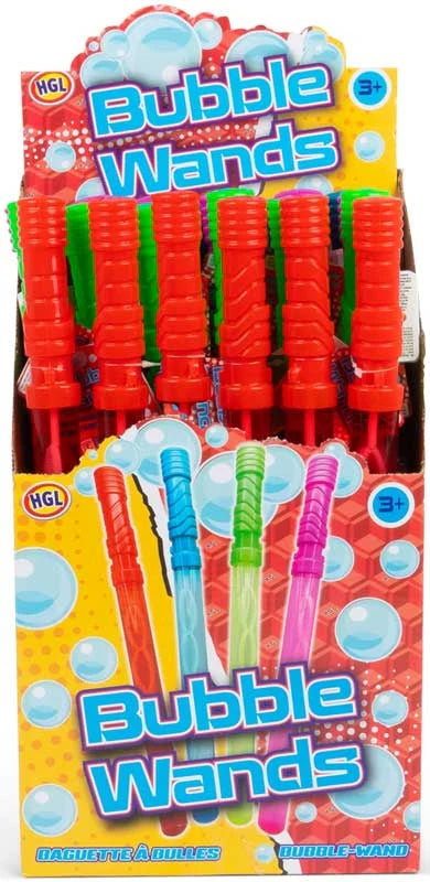 Box of bubble wands with colorful handles on a yellow background