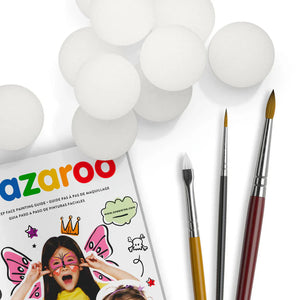Snazaroo face painting guide with brushes and balloons on a white background