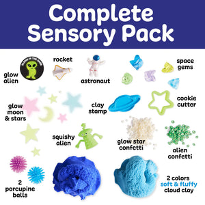 Complete sensory pack with various space-themed items on a white background