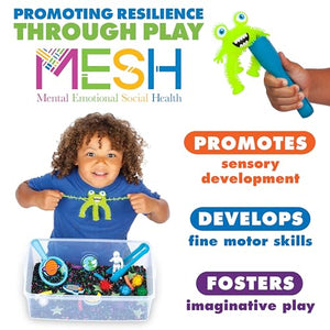 Child playing with a sensory bin and toy, promoting resilience through play with text about mental, emotional, and social health.