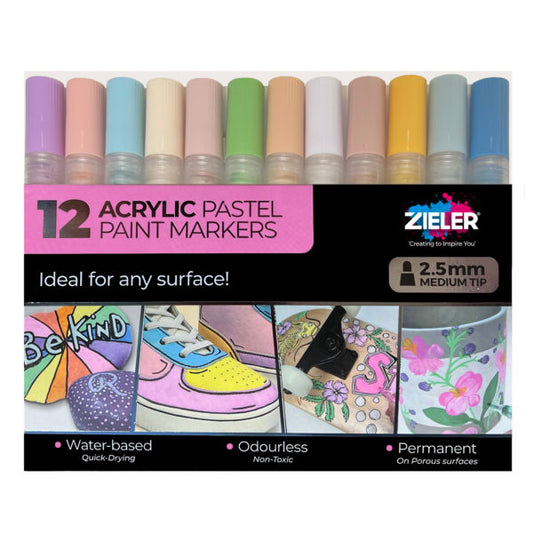 12 Acrylic Pastel Paint Pens - Medium Pastel Shade