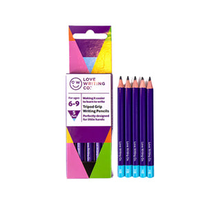 Pack of Love Writing Co. tripod grip pencils with packaging on a white background