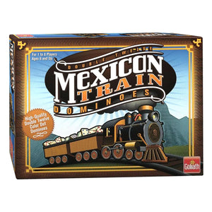 Box of Mexican Train Dominoes game with train illustration on a white background
