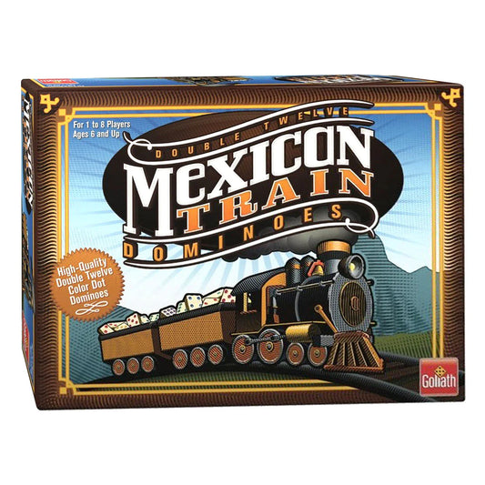 Box of Mexican Train Dominoes game with train illustration on a white background