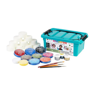 Snazaroo face painting kit with containers, brushes, and a blue carrying case on a white background