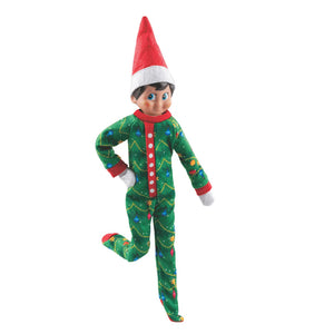 An elf scout wearing the chrismtas tree themed Elf on a Shelf pyjamas on a white background