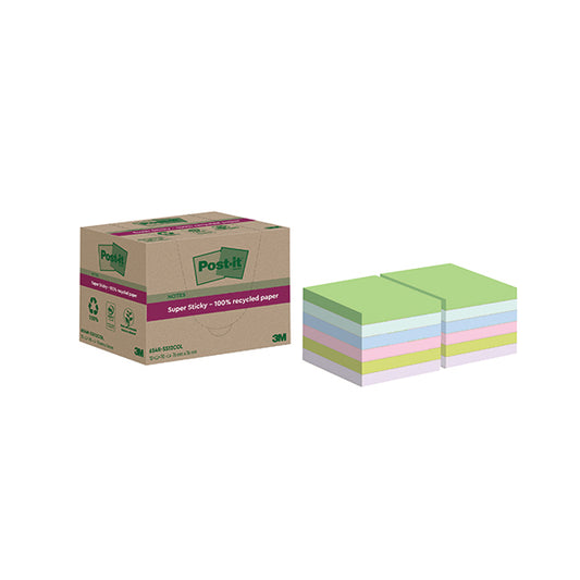 Post-it Super Sticky Recycled 76x76mm Assorted (Pack of 12) 654 RSS12COL