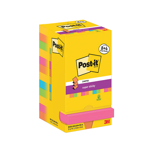 Post-it Super Sticky Z-Notes 76x76 90 Sheets Carnival 8 + 4 FREE (Pack of 12) R330-SSCARN-P8+4