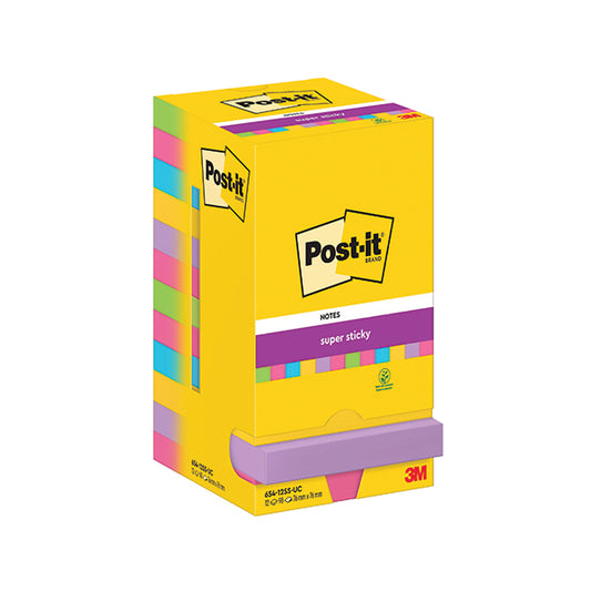 Post-it Super Sticky Notes 76x76mm 90 Sheets Assorted (Pack of 12) 654-12SS-UC