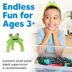 Child playing with a colorful toy set, surrounded by text about age suitability and safety.