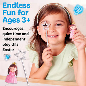 Child playing with dolls and star-shaped wands, promoting quiet time and independent play for ages 3 and up.