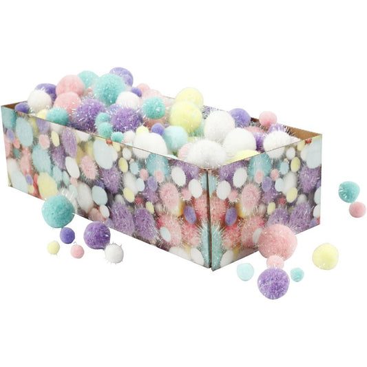 Pompoms 15-40mm - Pastel Colours Glitter (400 Pieces)