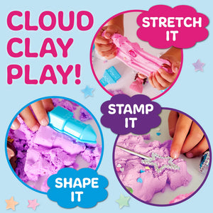 Instructions for playing with cloud clay including stretching, stamping, and shaping on a blue background.