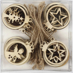 Hanging Wooden Christmas Ornaments (24 Pack)