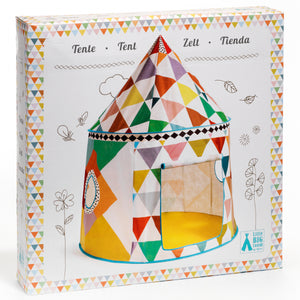 Colorful geometric-patterned play tent on a box with 'Little Big Cloud' branding.