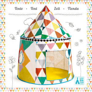 Colorful geometric-patterned children's play tent with a white background and decorative border.