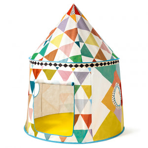 Colorful geometric-patterned play tent on a white background