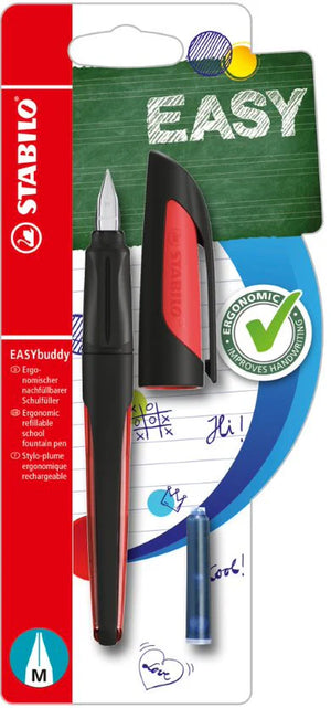 Stabilo Ergonomic EASYbuddy Fountain Pen - Black/Coral (Blue Ink Cartridge)