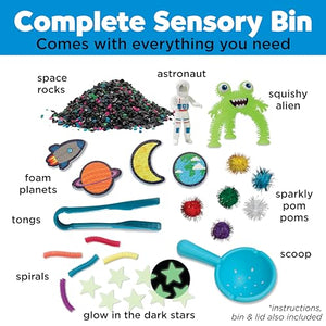 Complete sensory bin contents including space rocks, astronaut figure, squishy alien, foam planets, tongs, sparkly pom poms, scoop, and more.