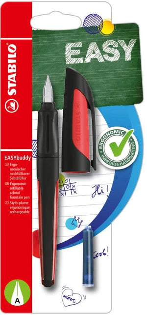 Stabilo Ergonomic EASYbuddy A Nib Fountain Pen - Black/Coral (Blue Ink Cartridge)