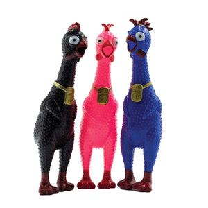 Three colorful rubber chicken toys in black, pink, and blue on a white background.