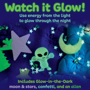 Glow-in-the-dark alien and moon with stars on a dark blue background, promotional text for a product.