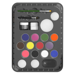 Snazaroo face paint set with watercolor paints, brushes, and containers on a gray tray.