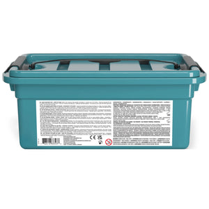 Teal storage box with a label on a white background