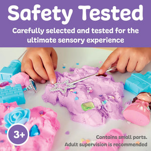 Children playing with colorful play dough and toys on a table, with text about safety testing and age recommendation of 3 plus.