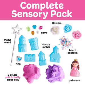 Complete sensory pack with castle molds, cloud clay, princess figure, and other items on a pink background.