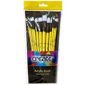 Create Yellow Long Handle Acrylic Brush Set (Pack of 12)