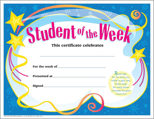 Trend Enterprises Student of the Week Colorful Certificates (30 Pack)