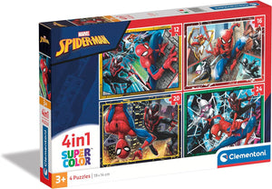 Spider-Man puzzle box with multiple puzzles on the front, featuring the Marvel logo and Clementoni branding.