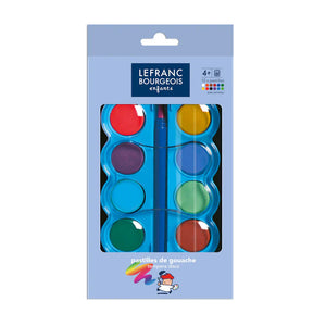Packaged children's watercolor pastilles by Lefranc Bourgeois on a light blue background