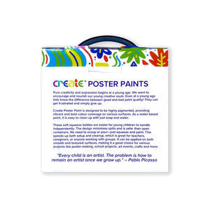 Packaging of the Create Poster Paints with a blurb about the product's use and instructions. Suitable for children